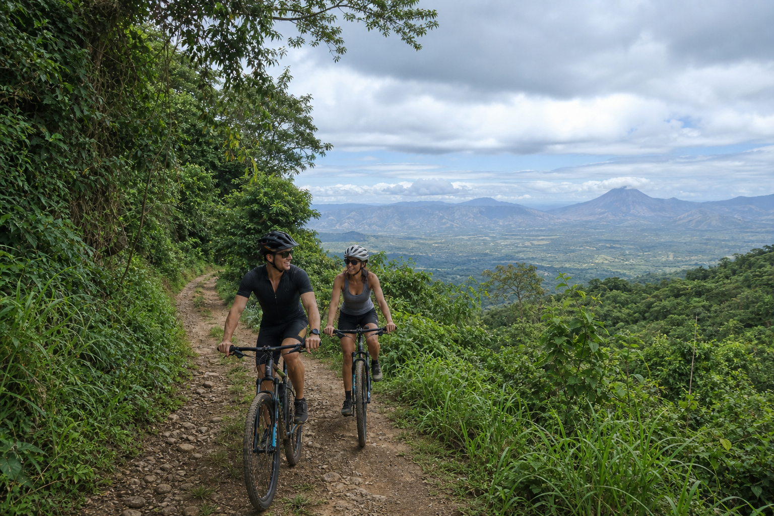 Sporty couple riding bicycles on a mountain trail